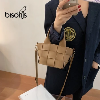 BISONJS Țese Tote sac Găleată de Moda de Înaltă calitate din Piele pentru Femei Designer de Geantă de mână de Călătorie Umăr Geanta Messenger Telefon Portmonee