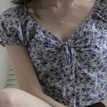 Bluze Femei de Toate-meci Casual Colegiul Trunchiate de Imprimare de zi cu Zi V-Neck Blusas Mujer Topuri Elegante Puff Maneca 2021 Vara Slim Populare