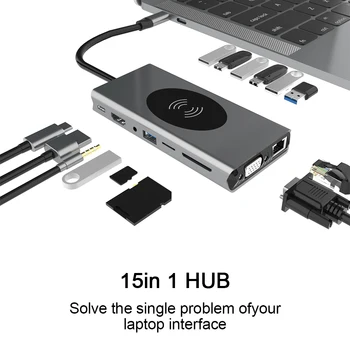 BX15W 15 In1 Tip C Hub 4K, 1080P Compatibil HDMI + VGA Wireless USB Hub Suport SD/TF Pentru Telefon Android pe Calculator