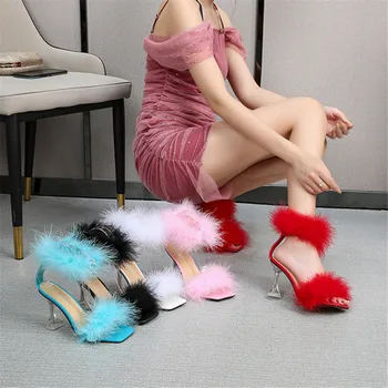 Cele mai noi Moda Păros Faux Blana Femei Sandale de Vară Deget de la picior Pătrat de 9 CM Toc Sexy Cristal Transparent Pantofi cu Toc Negru Alb Roșu