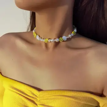 Coreeană neregulate Imitație Perla Cravată Colier Pentru Femei Drăguț Fete Dulci Colier Zâmbet Fata Margele Colier Bijuterii
