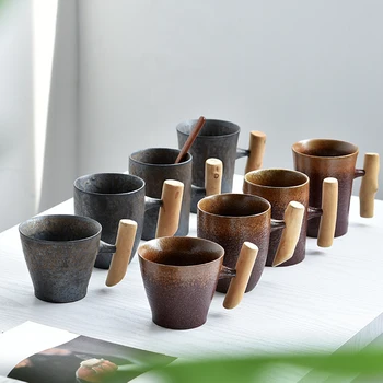 Creativ retro mâner de lemn cana cu lingura de uz casnic cana de ceai din ceramica lucrate manual gresie birou ceașcă de cafea în stil Japonez