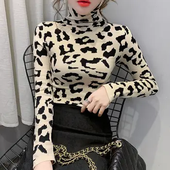 Doamnelor Retro Leopard de Imprimare Topuri Stramte High-gât Bottom Tricou Femei Plus de Catifea/nr catifea 2021 Toamna Și Iarna Noi