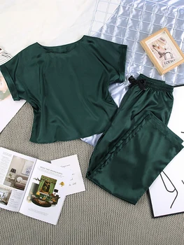Elegant Verde Sleepwear Dantela-Up Costume Cu Pantaloni Mâneci Scurte Haine De Vara Femei 2021 Seturi Casual Gât Rotund Set Femeie 2 Bucati