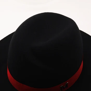 Exterior Negru, Interior roșu de Lână Simțit Jazz Pălării Fedora cu Curea Subțire Catarama Bărbați Femei Margine Largă Panama Trilby Capac 56-58CM