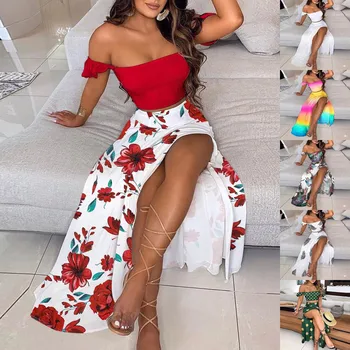 Femei de Moda 3D Rochie de Imprimare Seturi Lady Sexy de Pe Umăr Strapless Rochie de Petrecere Streetwear Vacanță pe Plajă Fusta Lunga Seturi de Potrivire