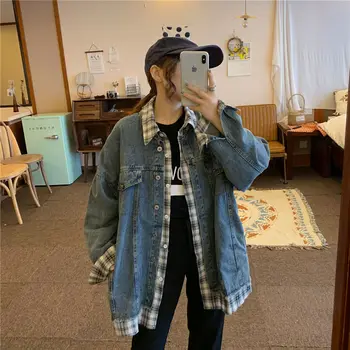 Femei Denim, Jachete de Primăvară 2021 Fals Două Piese Îmbinate Camasa Carouri Streetwear Harajuku Za Haine Vintage de Bază Uza