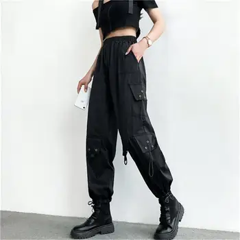 Femei Pantaloni Largi de Vara Harajuku Mijlocul talie Streetwear Femei Jogger Trening Elasticitatea Cordon de Moda Catarama Buzunar