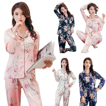 Femei Plus Dimensiune Faux Mătase 2 Bucata Set De Pijama Cu Maneci Lungi V-Neck Butoanele De Sus Pantaloni Dulce Floral Print Lounge Sleepwear