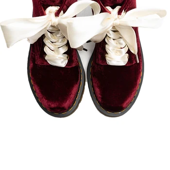 Femei Rotund Deget De La Picior De Catifea Din Piele Glezna Cizme Panglică Dantelă-Up De Cadouri De Crăciun Pantofi Oxfords Papion Vin Roșu Culori De Epocă Nouă În 2020