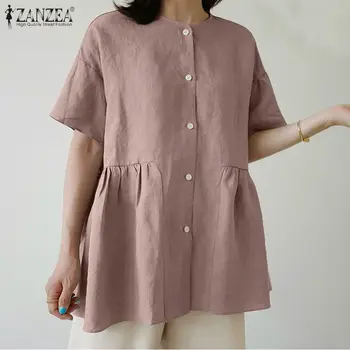 Femei Zburli Munca Tricou Lady 2021 Moda de Vara Topuri ZANZEA Minimalist Solid Blusa Casual Lenjerie de pat din Bumbac Vrac Tunica