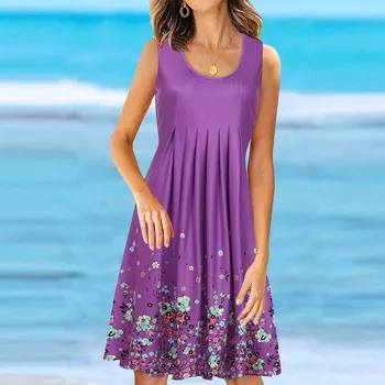 Femeii Plus Dimensiunea Moda de Vara Boho Print Floral Genunchi-Lungime rochie de vară fără Mâneci O-Gât Casual de Vacanta Vocație Rochie de Plaja
