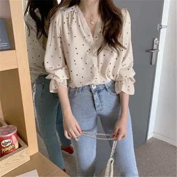 Femeile De Primăvară Șifon Tricouri Imprimate De Inima Drăguț Coreeană Streetwear Casual, Camasi Office Lady Maneca Lunga Elegante, Topuri De Vară 2021