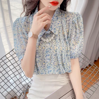 Franceză Retro Șifon Florale Bluza pentru Femei de Vară 2021-coreeană Stil de Design de Agrement Scurt Mâneci Bluza Super Zână Dulce Topuri