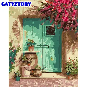GATYZTORY Ușa Și Flori Peisaj Pictura De Numere Kituri Pentru Adulți 60x75cm Încadrată Ulei Panza De Numărul Manual Diy Cadou