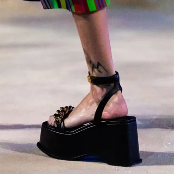 GXCMHBWJ Nou Design de Brand Lanț Decor Platforma Sandale Femei din Piele Square Toe Catarama Curea Tocuri inalte Pantofi de damă