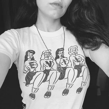 HAHAYULE-JBH 1buc patru Rele Fata de Desen T-Shirt Femei Stil Retro Sassy Drăguț Amuzant Tee Hipsters Grunge Sus