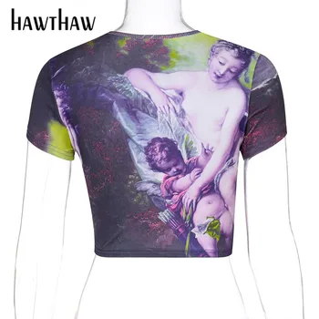 Hawthaw Femei De Vara Cu Maneci Scurte Tipărite Slim Skinny Modă Scurte T Shirt Topuri Teuri 2021 Haine De Sex Feminin Streetwear