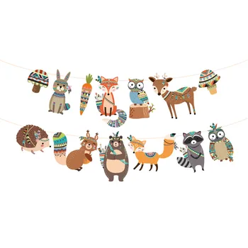 Iepure, Vulpe, Bufnita Raton Bunting Indian Animale Sălbatice Fericit Banner Ziua de nastere pentru Woodland Petrecere de Aniversare pentru Copii Copil de Dus Decor