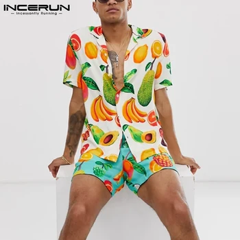 INCERUN Bărbați Hawaiian Seturi de Imprimare Vacanta de Vara Rever Maneca Scurta Tricou pantaloni Scurți de Plajă Streetwear 2021 Bărbați Costume Casual, S-3XL