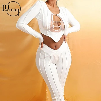 INWOMAN Clubwear Sexy Bodycon Maneca Lunga Crop Top 2 Set de Două Piese Costume V Gât Bodysuit Jambiere Set de Petrecere, Seturi de Potrivire 2021