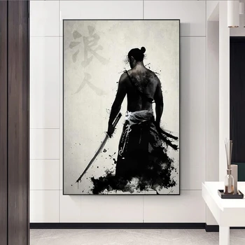 Japoneză Samurai Ronin Negru și Alb Pictura Panza Samurai Postere si Printuri Anime Perete Artist House Decor Pictura
