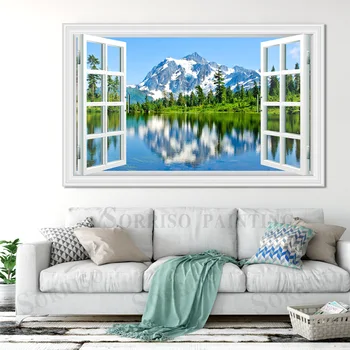 Lac de Munte, Peisaj de Arta de Perete 3D Imitație Fereastra Design Panza Pictura Imagini, Postere Si Printuri Acasă Living Decorul Camerei