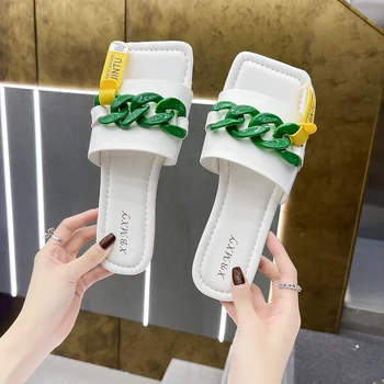LadySwell Șic Lanț Papuci Femei 2021 Vara Noi Roz Deget De La Picior Pătrat Plat Slide Sandale