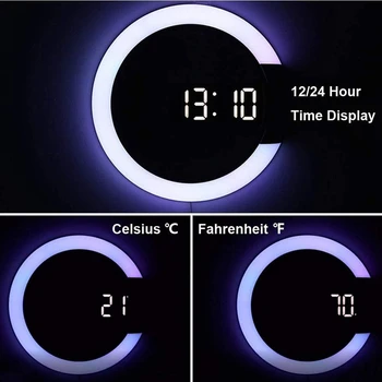 LED Ceas de Perete, Telecomanda Ceas de Perete Digital Creative LED Oglindă de Perete Ceas cu Alarmă/Temperatura Inel