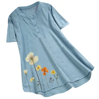 Lenjerie de pat din bumbac Plus Dimensiune Bluza pentru Femei Vintage Flora Tipărite Butonul Tunici cu Maneci Scurte O-neck Tricou Casual Рубашка Женская &