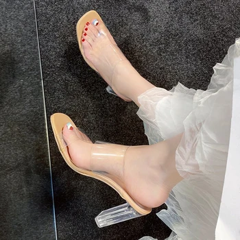 Lucyever Vară Clar Toc Papuci Femei Sandale Toc Patrat Diapozitive Femeie Petrecere De Moda Transparent Flip-Flops Pantofi