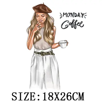 Luni de Cafea Fata de Fier Pe Transfer Pentru Haine DIY Femei T-Shirt, Hanorace Patch-uri Pentru Haine de Moda Lady Termică de Transfer de Căldură