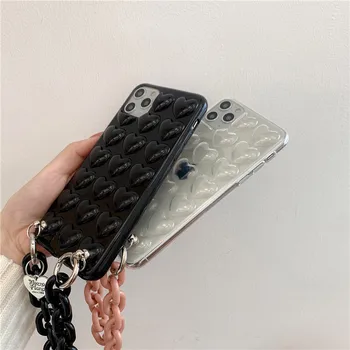 Lux, Alb Negru 3D Dragoste Inima Brățară Telefon Caz Pentru iphone 12 Mini 11 Pro XS Max XR 7 8 Plus SE 2020 Încheietura mâinii Lanț husă Moale
