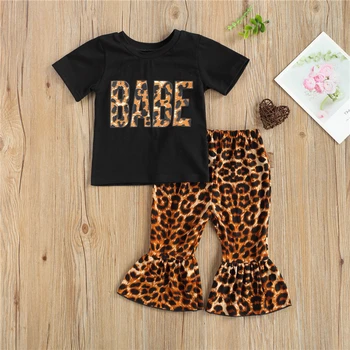 Moda Fata Copilului Haine cu mânecă Scurtă și Pantaloni Costum Litera T-shirt și Leopard Trompeta Pantaloni Lungi Fete Copilul de Îmbrăcăminte