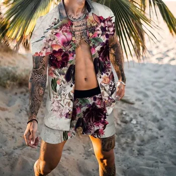 Moda Hawaiian Imprimare Tricou Maneci Scurte Set Bărbați Plaja de nucă de Cocos Print pantaloni Scurți pentru Bărbați de zi cu Zi de Plajă, tricouri Set de Două piese S-3XL