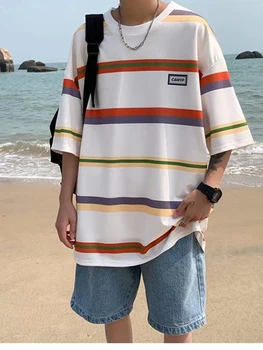 Moda Stil de Afaceri cu Dungi Barbati Pierde T-Shirt Supradimensionate Teen Simplu 2021 Haine de sex Masculin Hip Hop Amuzant Epocă Pulover Topuri