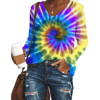 Modă Plus Dimensiune Colorate Whirlpool V-neck Tee Shirt Femei de Primavara Haine de Iarnă Streetwear Maneca Lunga Tricou Supradimensionat Sus Y2K
