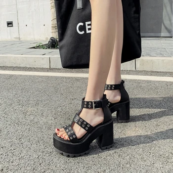 Pantofi femei sandles bloc pantofi cu toc indesata sandale Casual, Pantofi cu tocuri înalte gladiatori strappy sandale femei punk pantofi YMB110-1