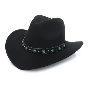 Piatra de turcoaz trupa pălărie de cowboy jazz pălărie pălărie de fetru pentru femei și bărbați capac negru margine largă doamna cu pălărie de moda capac cowboy vest