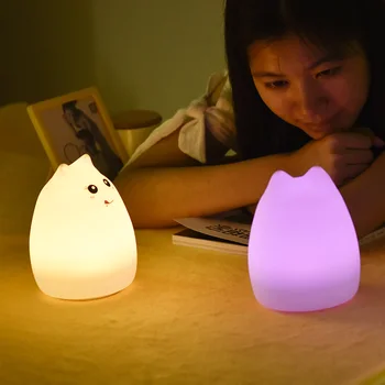 Pisica drăguț Lumina de Noapte LED Silicon Senzor Tactil Colorat Lampa de Noapte pentru Copii Dormitor Copil Desktop Decor Ornamente Baterie de Încărcare USB