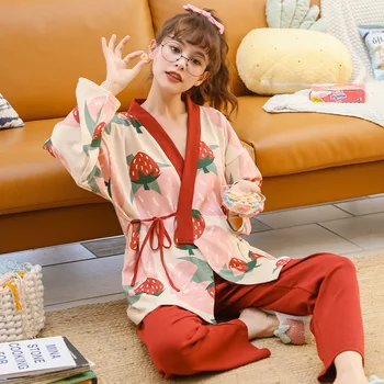 Primavara-Vara pentru Femei Pijamale Set de Capsuni Sleepwear Pur Fire de Bumbac Kimono Doamnelor Pijamale V-Neck Plus Dimensiune Dimensiune Pijama XXXL