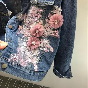 Primăvară 3D ștrasuri din Mărgele Broderii Florale Găuri Femei Jachete din Denim Haina Streetwear de sex Feminin de Cauzalitate Uza Liber Blugi Sacou Bombardier