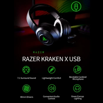 Razer Gaming Cască Cască Kraken X-USB 7.1 Surround, Sunet Ultra Ușoare Căști Flexibil Cardioid Microfon Custom-Tuned