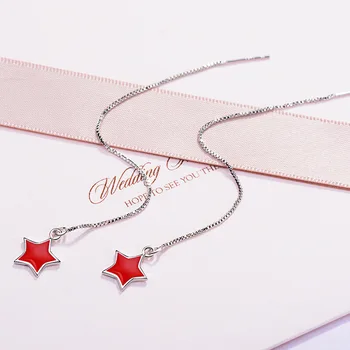 Real. Argint 925 Trage Prin Red Star Threader Cercei Ciucuri Lungi Picătură Cercei pentru Femeile Sterling-silver-bijuterii