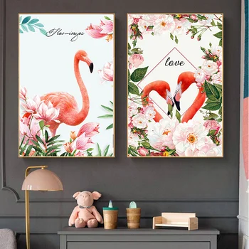 Roz Nordic Romantic Flamingo Flori Poster Canvas Wall Art Printuri Pictura Decor Acasă Imaginile pentru Camera de zi Dormitor