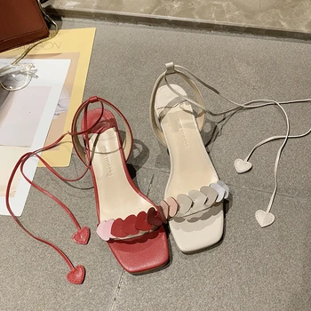 Sandale cu Toc Gros Pantofi Noi Doamnelor Tocuri inalte Femei Sandale de Vară 2021 Femei Pantofi Femei Roșu Iubesc Dantela-Up Pantofi de Partid
