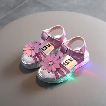 Sandale de vara pentru Fete cu Led-uri de Lumină Pantofi cu Aplicatii de Flori Diapozitive Plat cu Piele Moale Cârlig Buclă Copilul Sandale de Moda