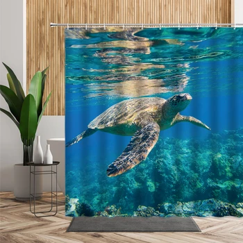 Sea Turtle Perdele De Duș Animale Marine Blue Ocean Baie Cameră Decor Accesorii Rezistent La Apa Fundal Tesatura Perdele Baie Seturi