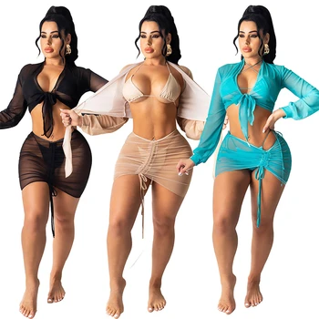 Sexy 4 Bucata Set De Bikini Femei Vara Solid Mesh Vedea Prin Linie Dreaptă Split Plajă Purta Maneca Lunga Topuri De Cultură Și Shirring Fuste