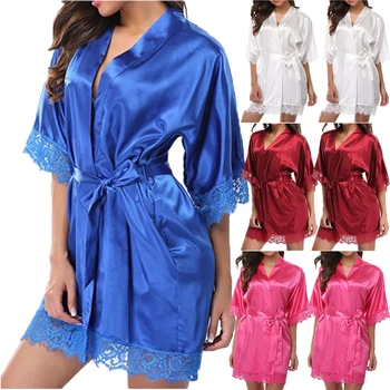 Sexy Femei Doamnelor Mireasa Robe Kimono-Halat Din Satin De Mătase, Cu Dantelă Noapte Poarte Rochie Sleepwear